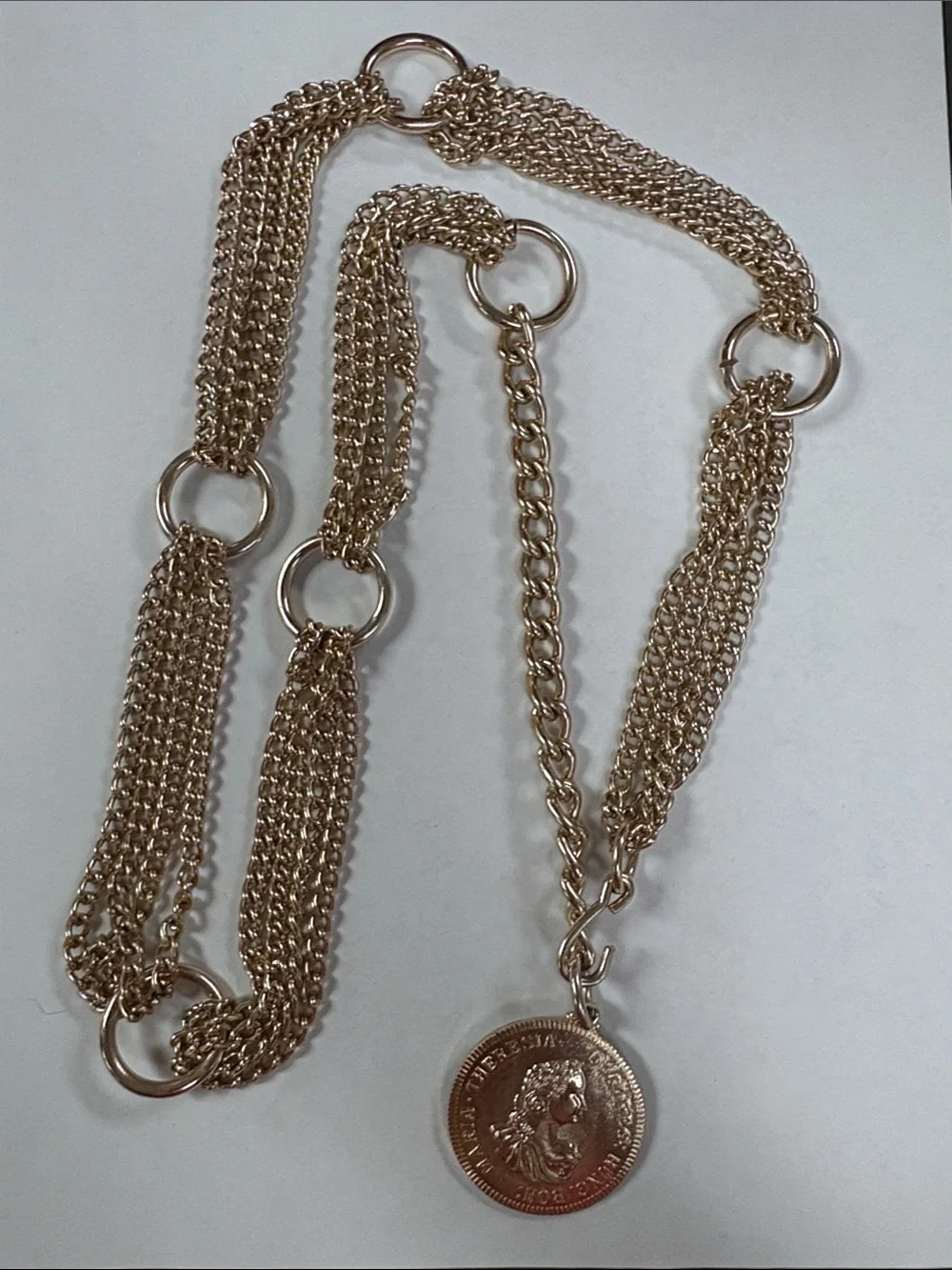Gold Coin Pendant Multi-Strand Chain Necklace - Women Jewelry